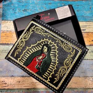 Virgen De Guadalupe Men's Wallet Embroidered Faux Leather Mexican Cartera In Box
